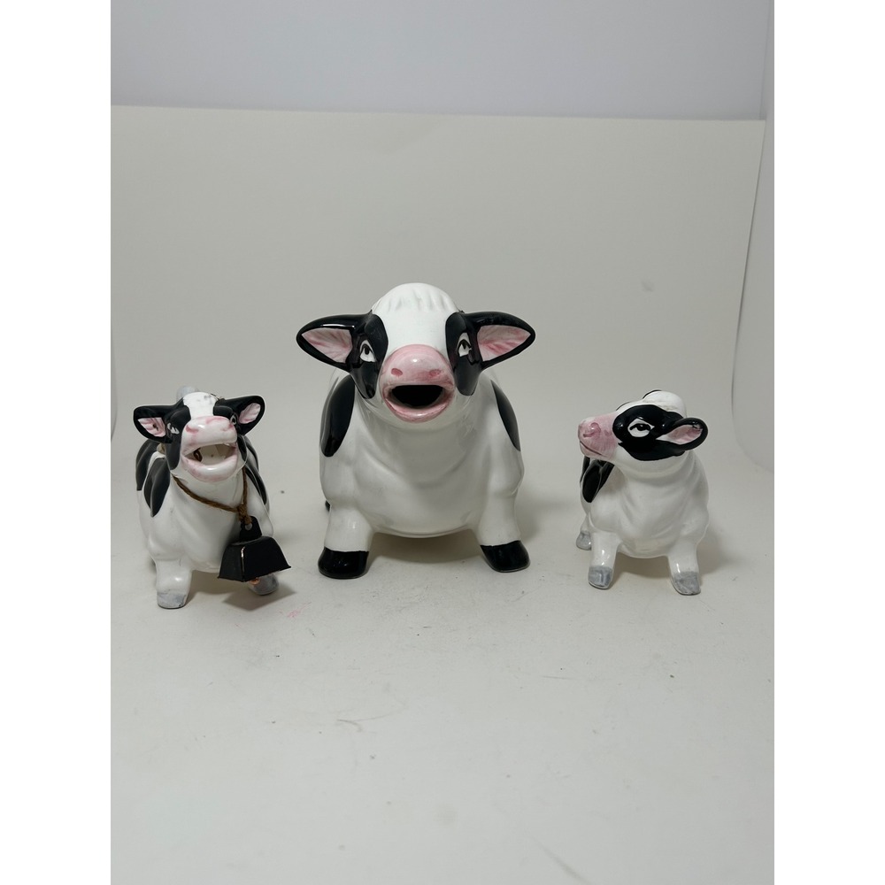 Vintage Ceramic Cow Tea Set Teapot Creamer Sugar Bowl Black White Spotted 3pc